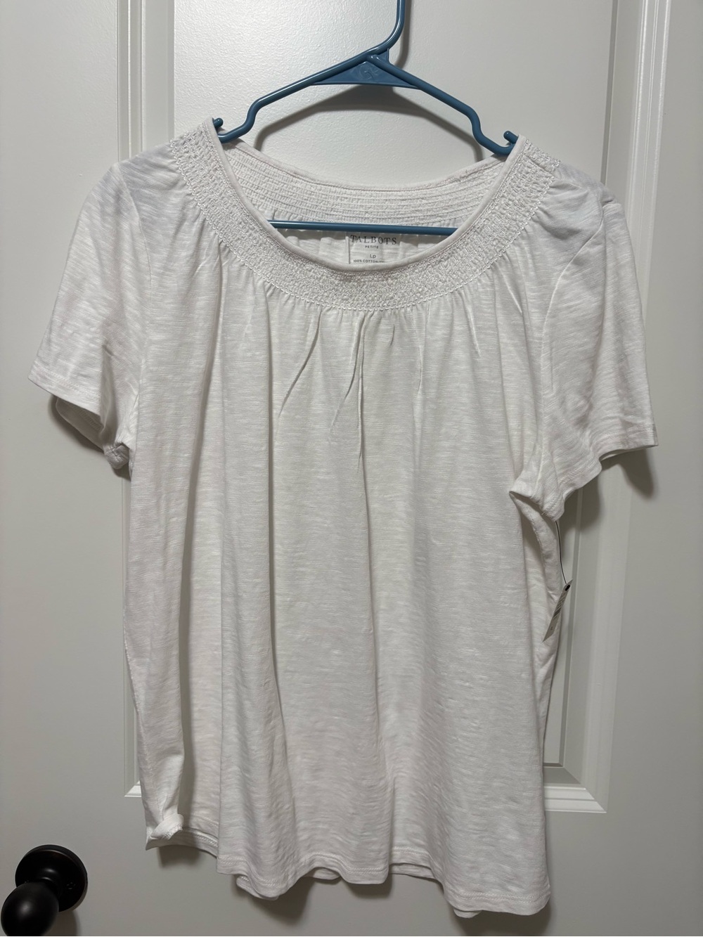Talbots White Short Sleeve Smocked Yoke Tee Top